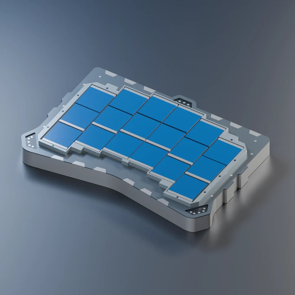 Digital render of the compact Roman detector mosaic with eighteen blue sensor faces and a silver body
