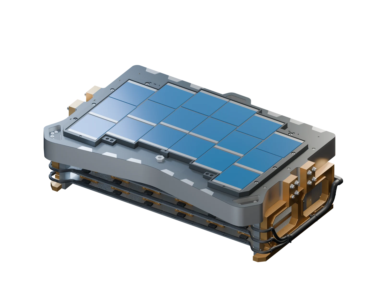 The illuminated WFI detector display model with blue detector faces, a mosaic carrier, MPA support frame and SCEA electronics