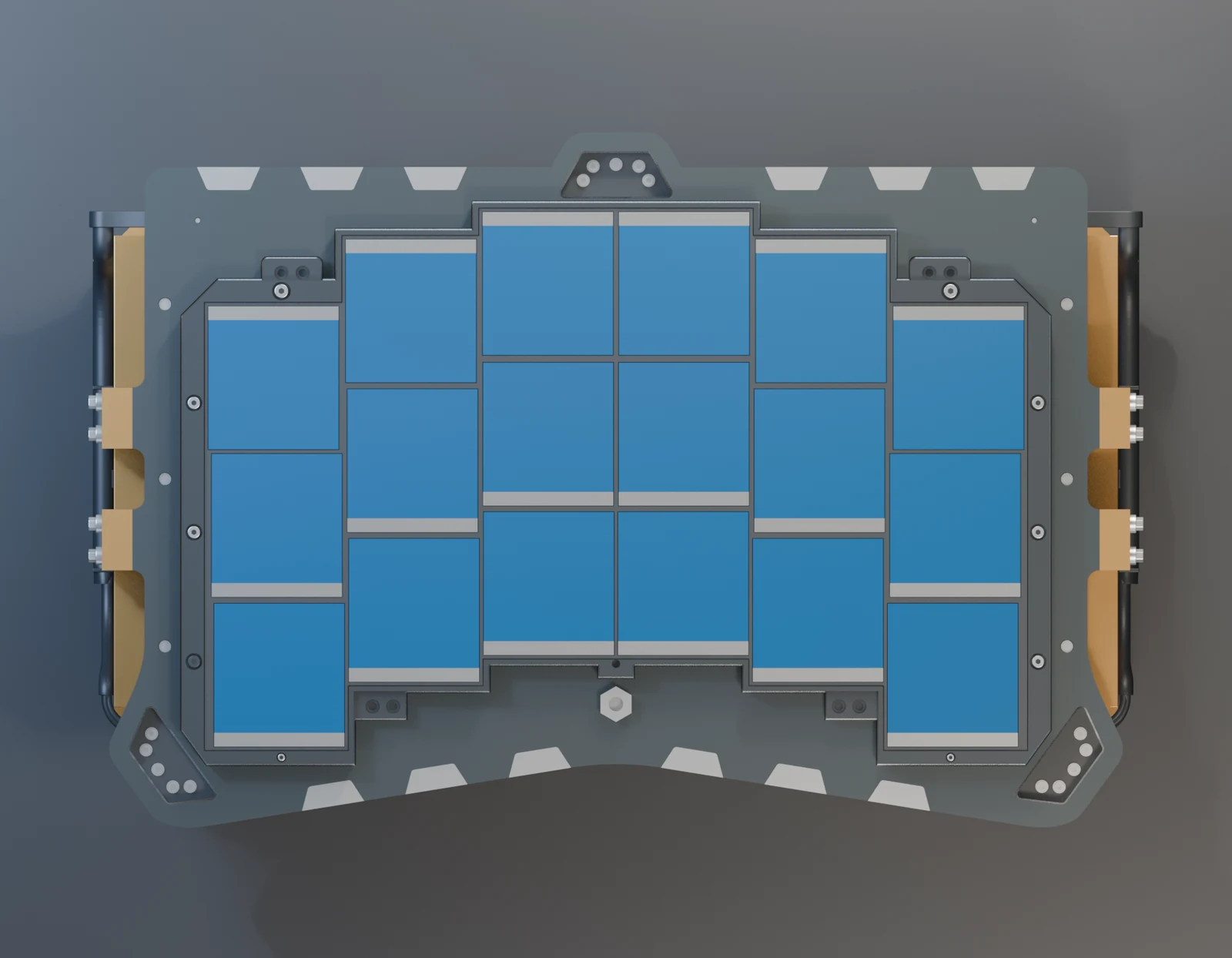 Overhead view of the blue detector mosaic and dark graphite carrier